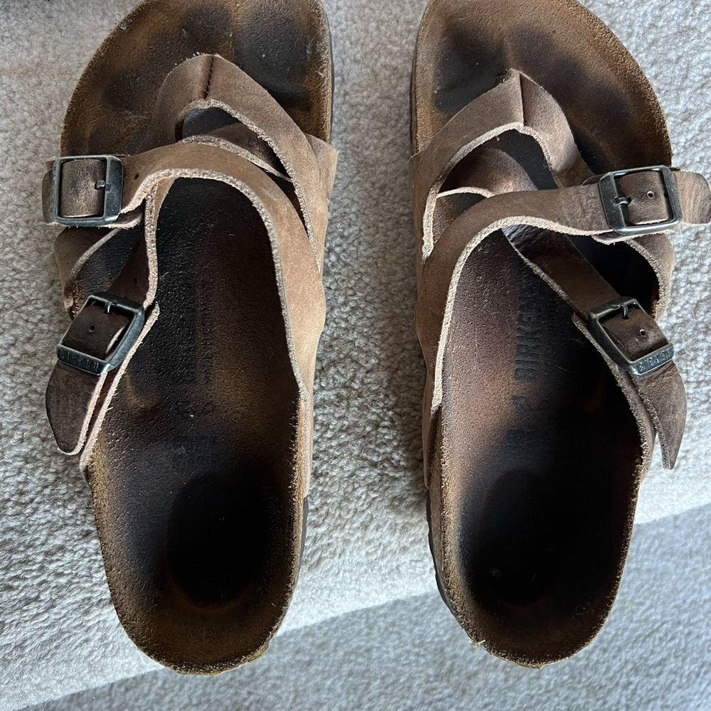 Birkenstock Brown Two-Strap Sandals with Cork Footbed